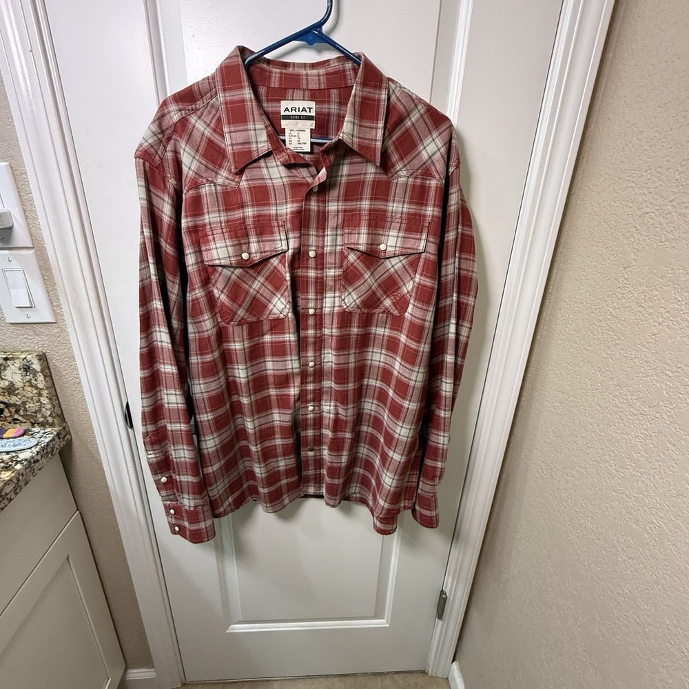 Ariat Retro Fit Western Shirt Mens XL Red Plaid Pearl Snap Long Sleeve Cowboy